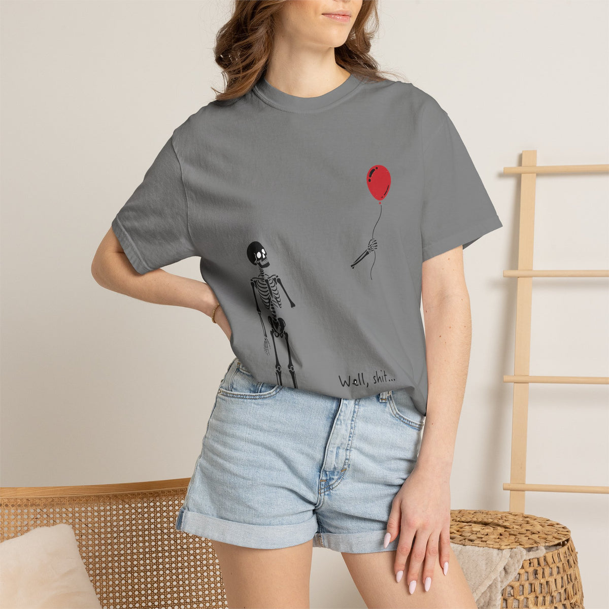 Skeleton Balloon T-Shirt — 'Well, shit…' Humorous Goth Tee