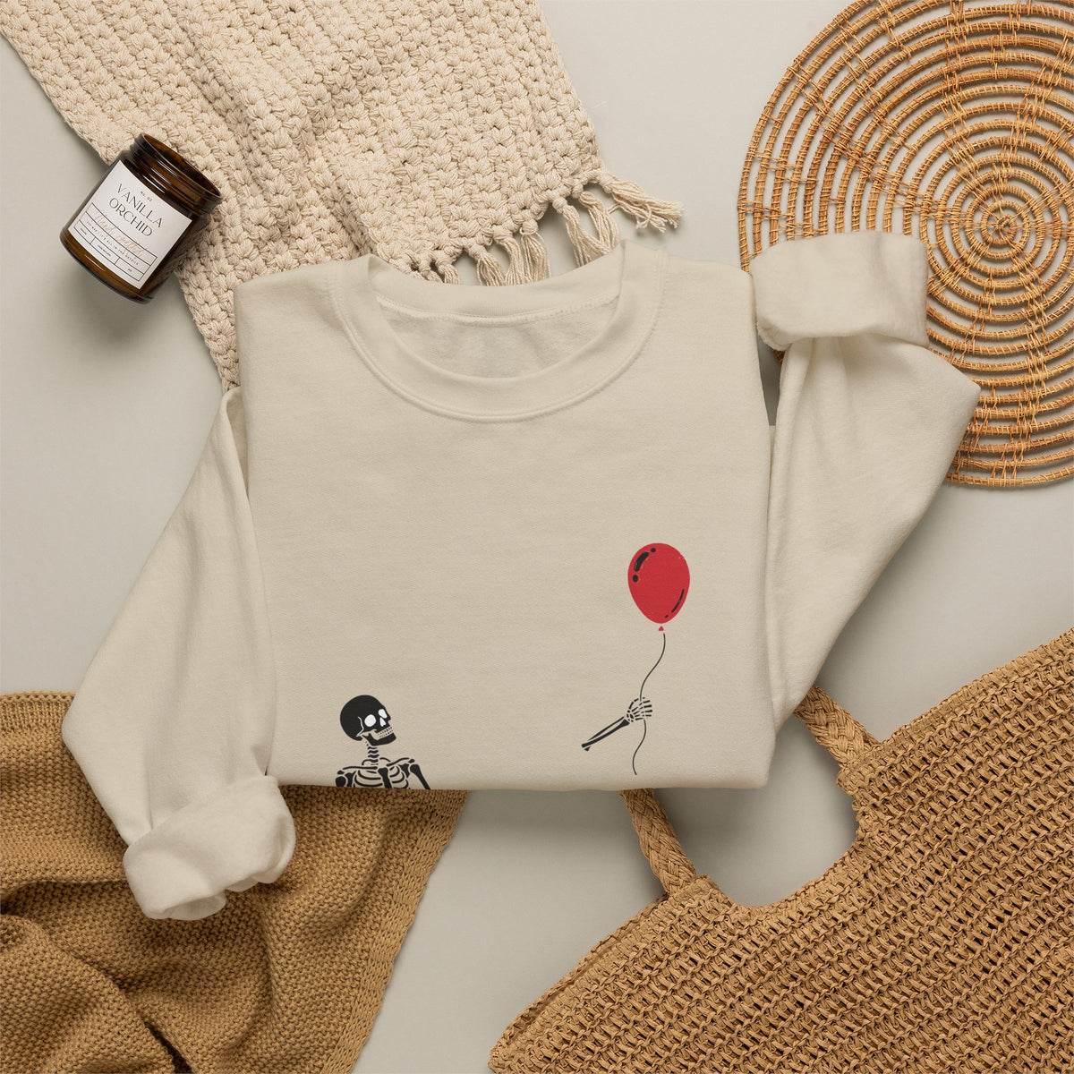 Crewneck Sweatshirt — Minimal Skeleton with Red Balloon "Well, Shit" Graphic