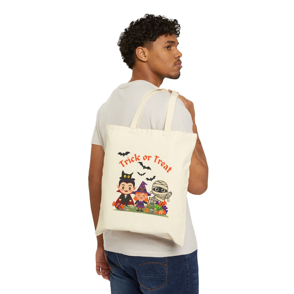 Halloween Trick or Treat Bag, Kids Halloween Tote, Cute Vampire Witch Mummy Candy Bag, Halloween Canvas Tote