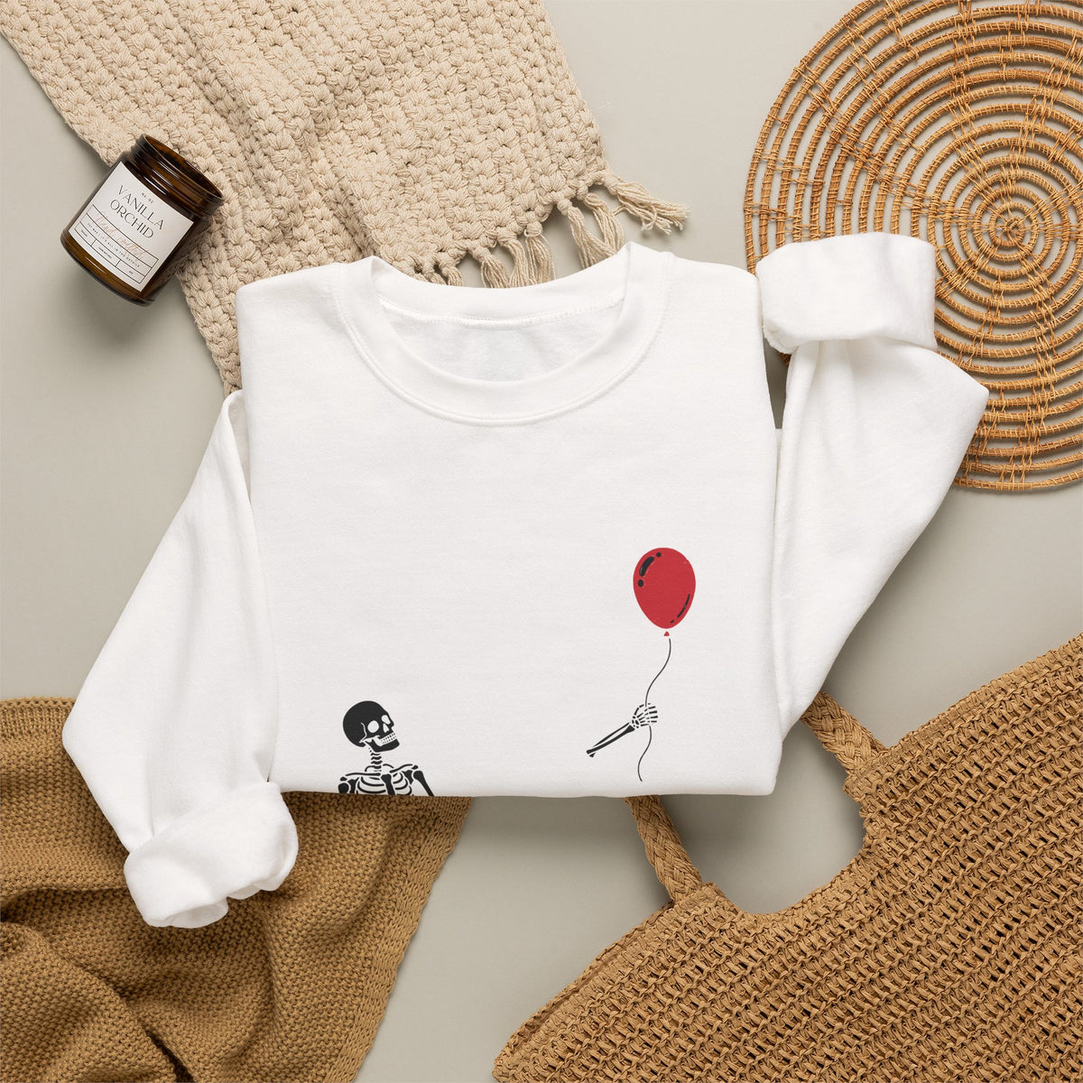 Crewneck Sweatshirt — Minimal Skeleton with Red Balloon "Well, Shit" Graphic