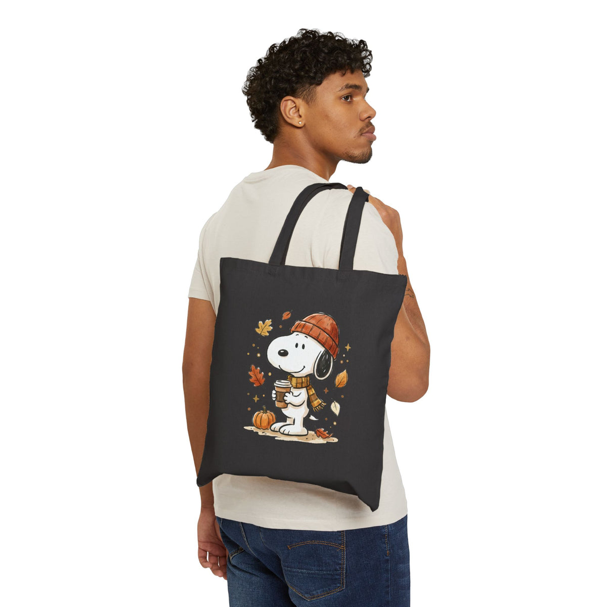 Autumn Snoopy Tote Bag — Fall Leaves & Pumpkin Canvas Tote