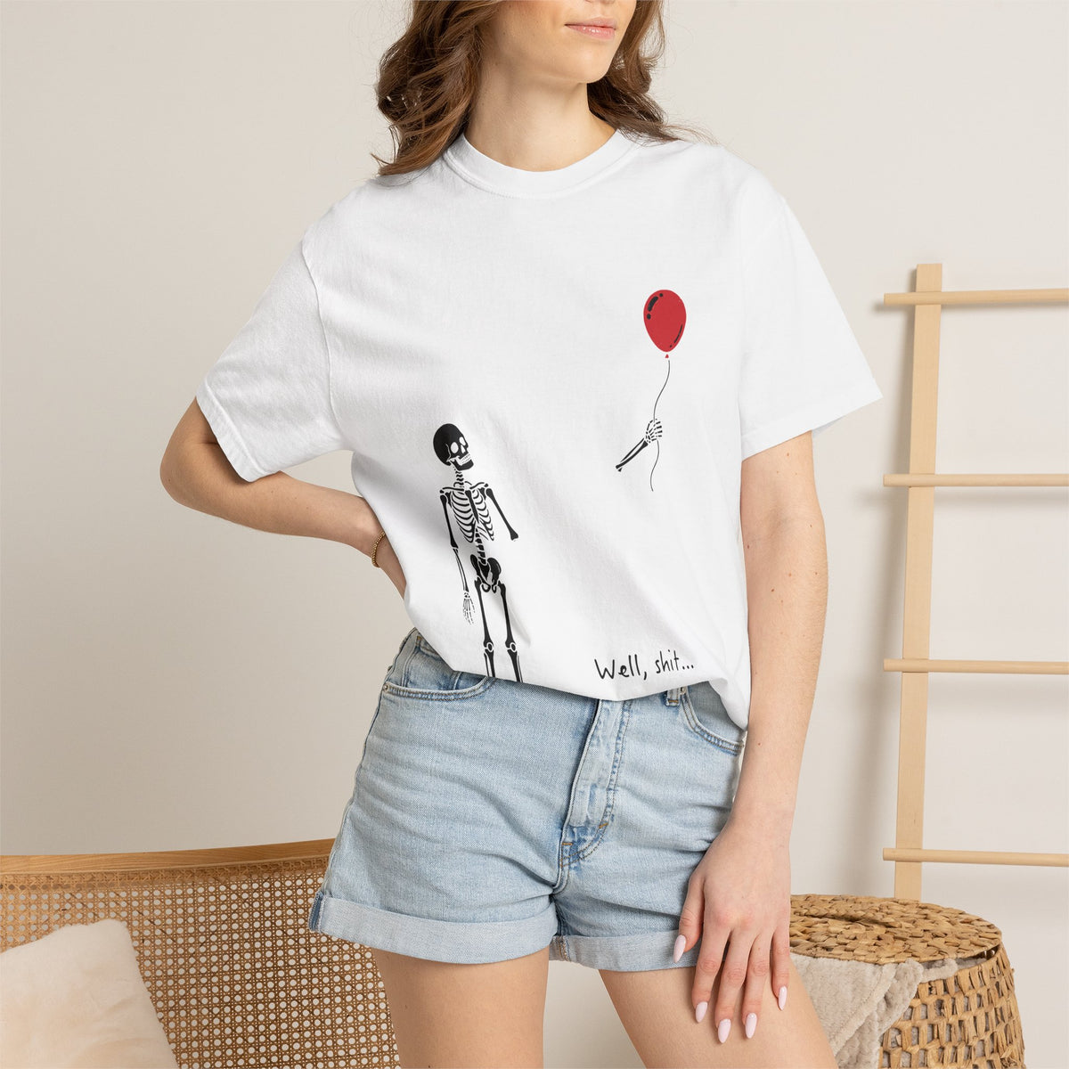 Skeleton Balloon T-Shirt — 'Well, shit…' Humorous Goth Tee
