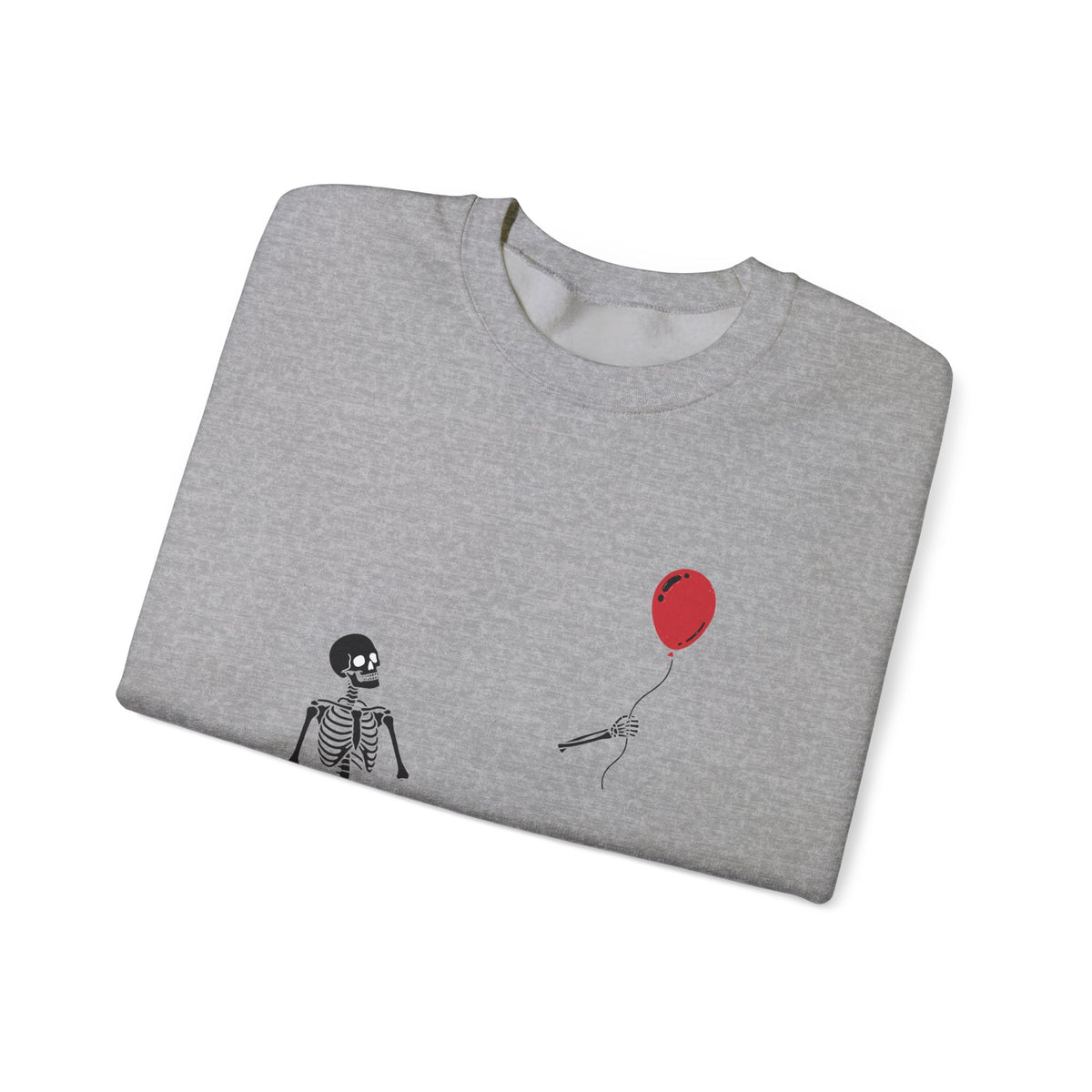 Crewneck Sweatshirt — Minimal Skeleton with Red Balloon "Well, Shit" Graphic