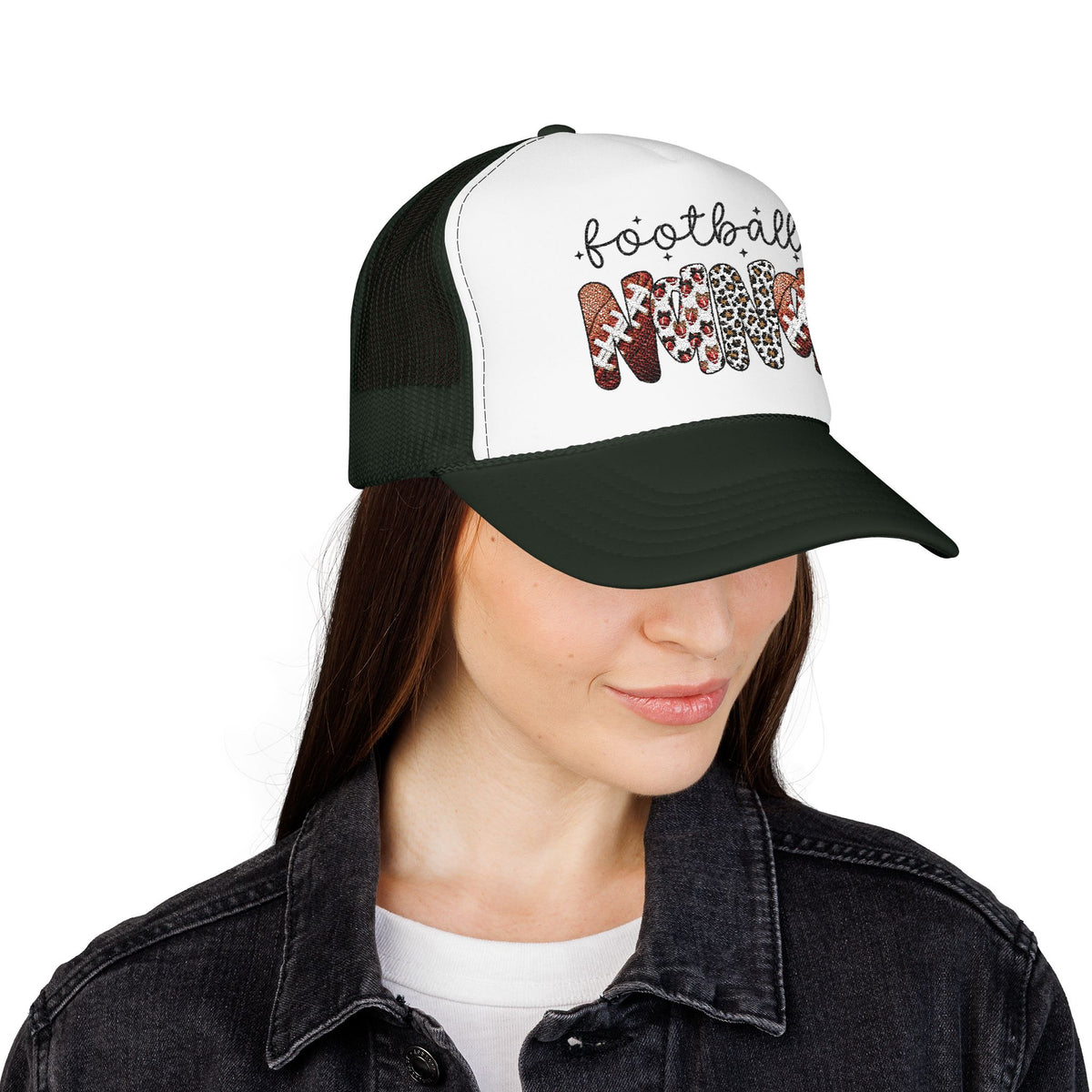Football Mom Trucker Hat – Leopard & Glitter Script Foam Cap
