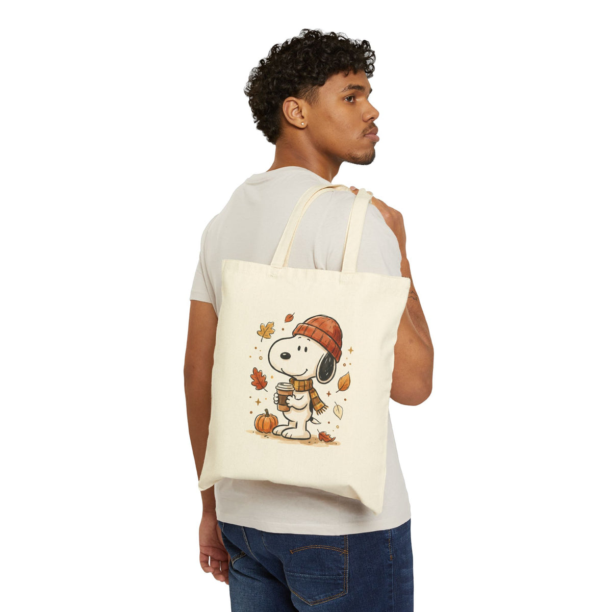 Autumn Snoopy Tote Bag — Fall Leaves & Pumpkin Canvas Tote