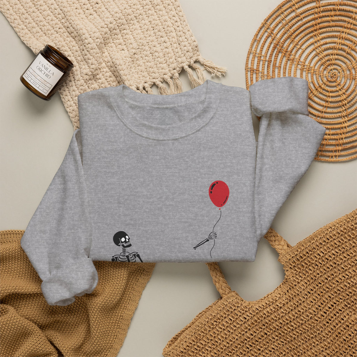 Crewneck Sweatshirt — Minimal Skeleton with Red Balloon "Well, Shit" Graphic