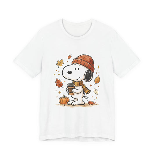 Autumn Puppy Coffee Tee — Cute Fall Cartoon T-Shirt