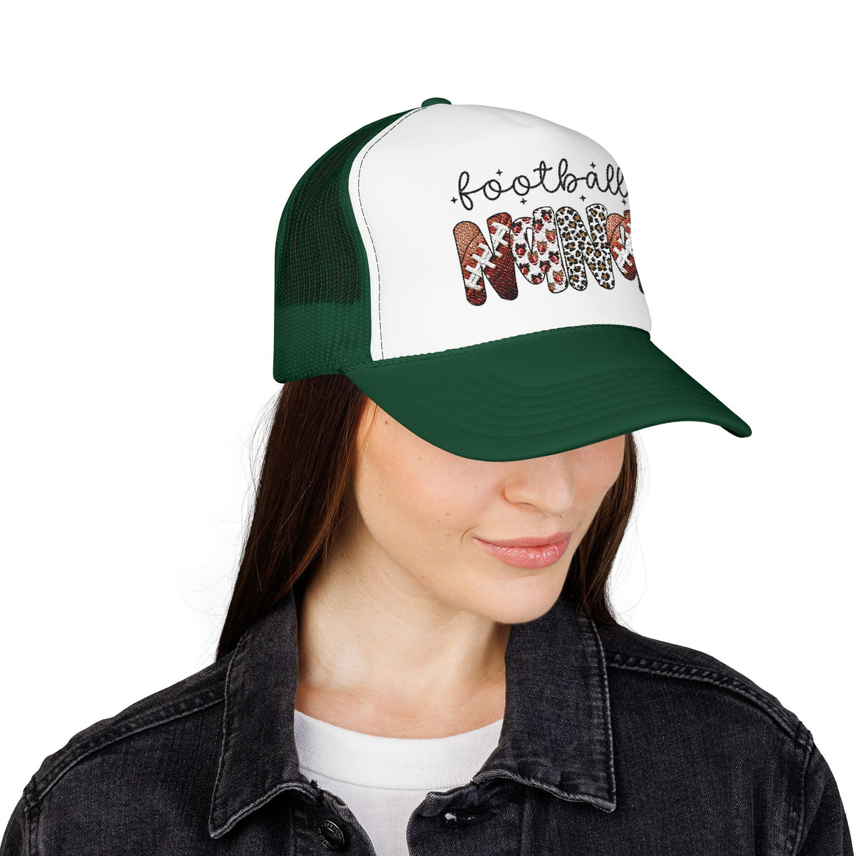 Football Mom Trucker Hat – Leopard & Glitter Script Foam Cap