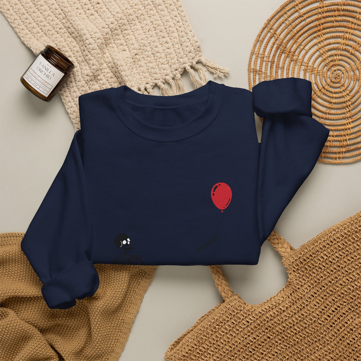 Crewneck Sweatshirt — Minimal Skeleton with Red Balloon "Well, Shit" Graphic