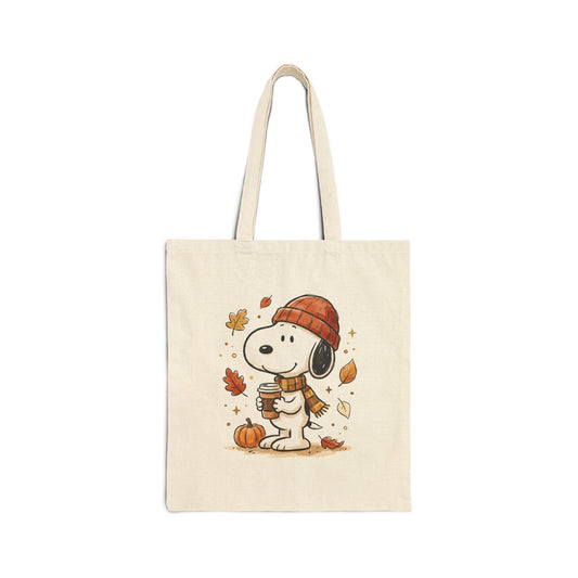 Autumn Snoopy Tote Bag — Fall Leaves & Pumpkin Canvas Tote
