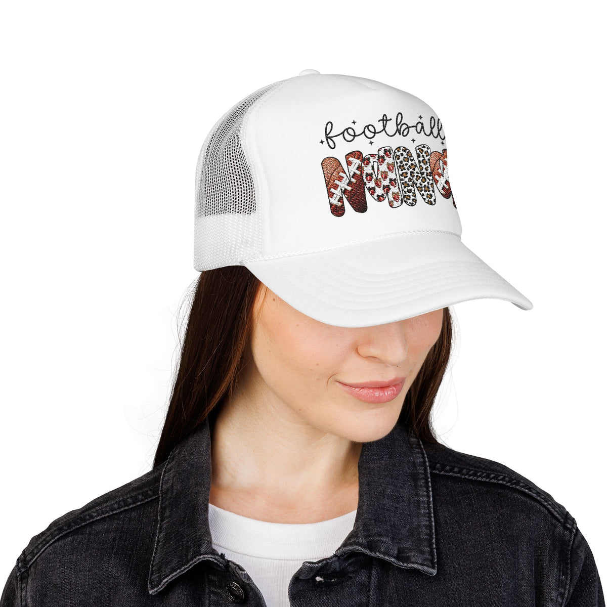 Football Mom Trucker Hat – Leopard & Glitter Script Foam Cap