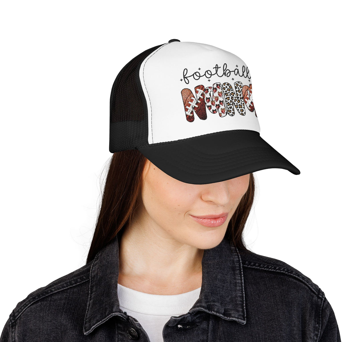 Football Mom Trucker Hat – Leopard & Glitter Script Foam Cap