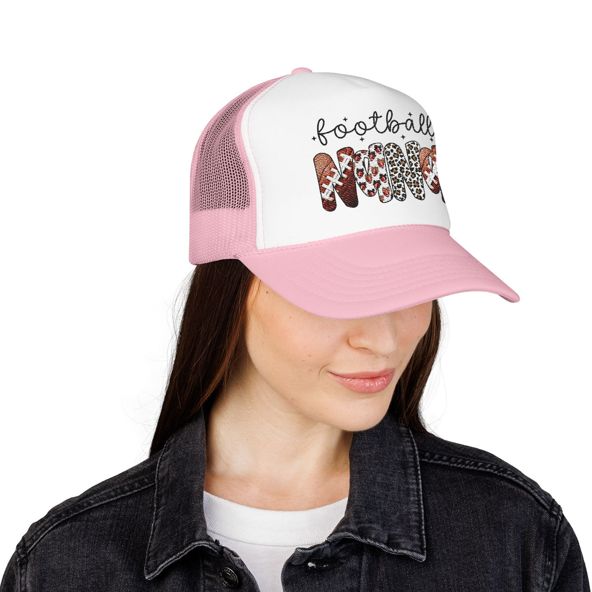 Football Mom Trucker Hat – Leopard & Glitter Script Foam Cap