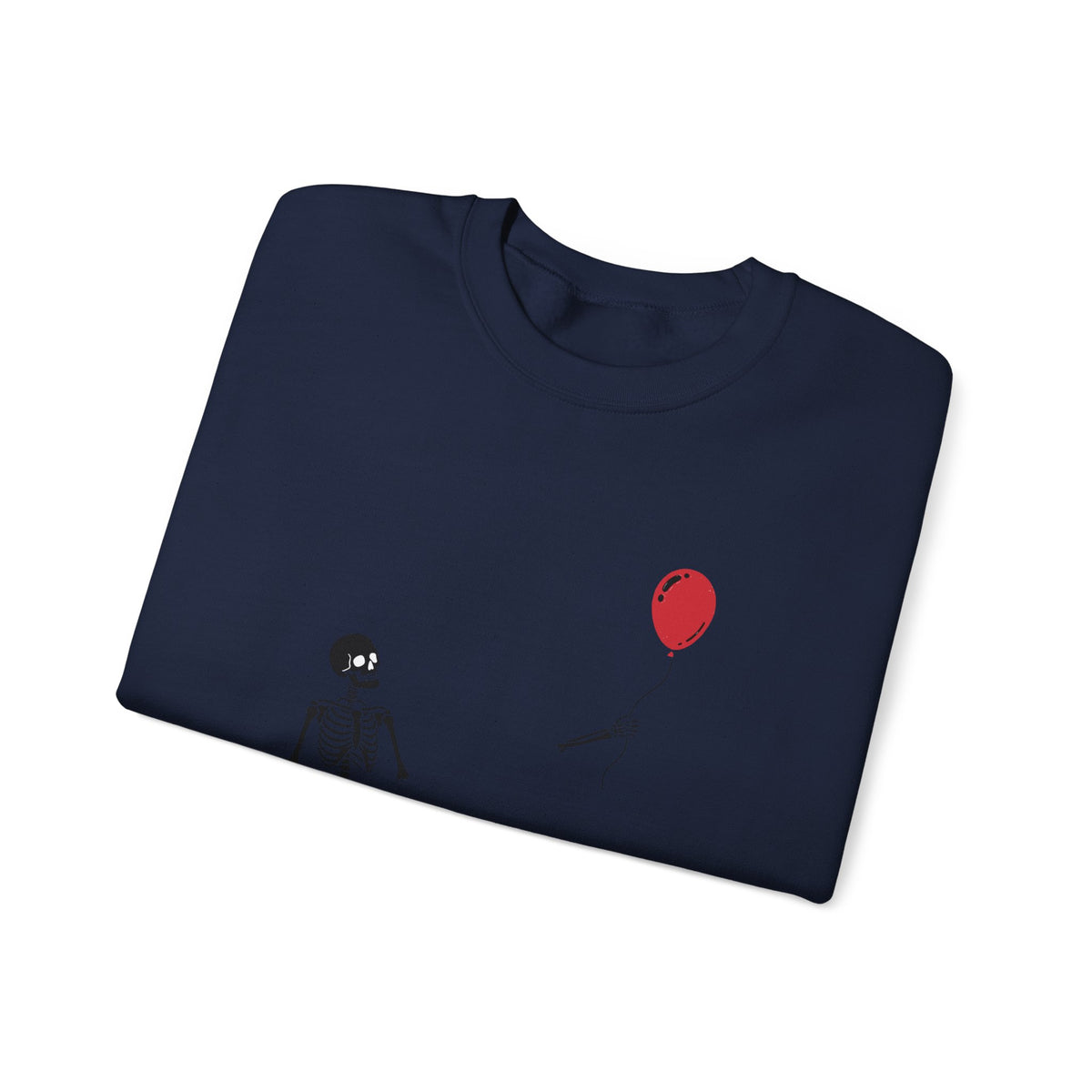 Crewneck Sweatshirt — Minimal Skeleton with Red Balloon "Well, Shit" Graphic