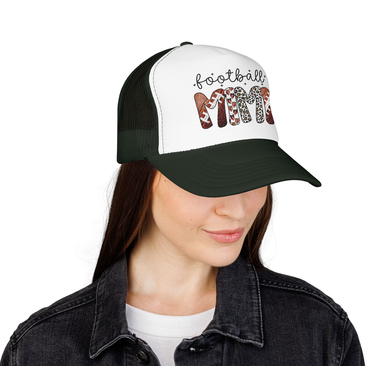 Football Mom Trucker Hat – Leopard & Glitter Game Day Foam Cap