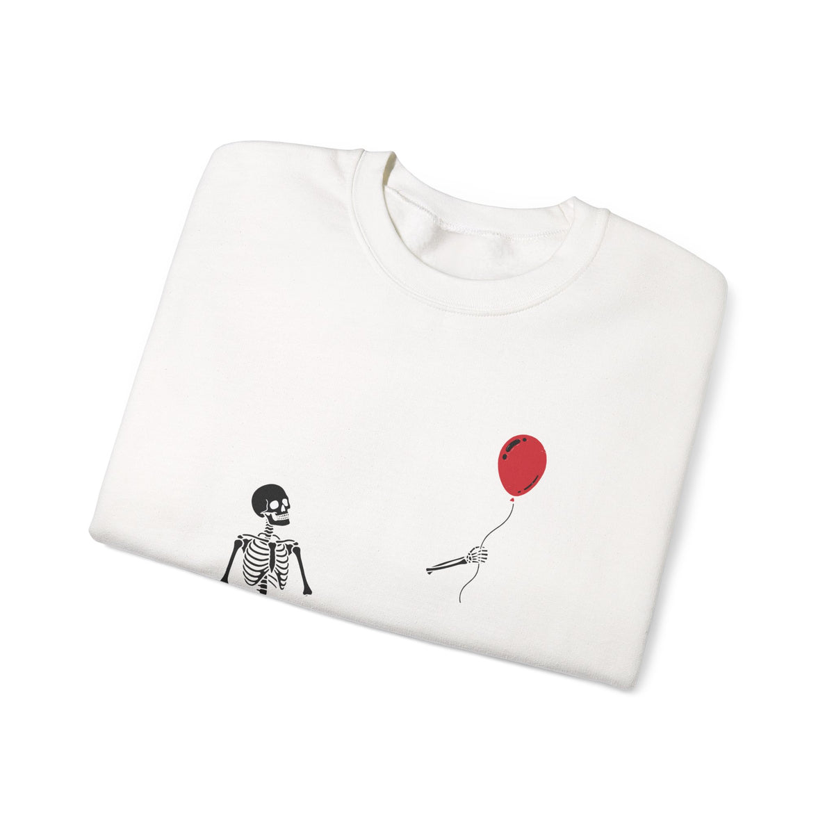 Crewneck Sweatshirt — Minimal Skeleton with Red Balloon "Well, Shit" Graphic