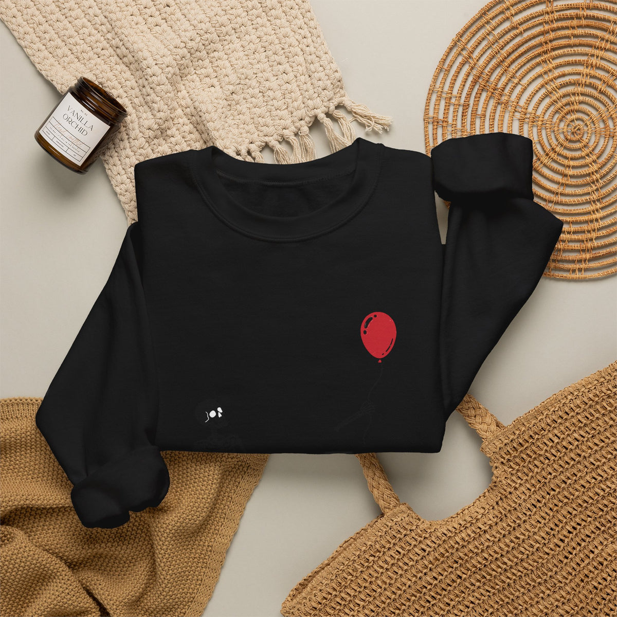 Crewneck Sweatshirt — Minimal Skeleton with Red Balloon "Well, Shit" Graphic