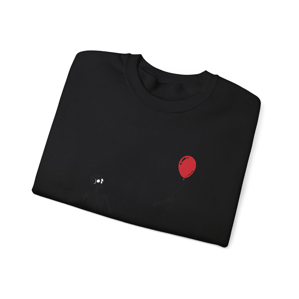 Crewneck Sweatshirt — Minimal Skeleton with Red Balloon "Well, Shit" Graphic