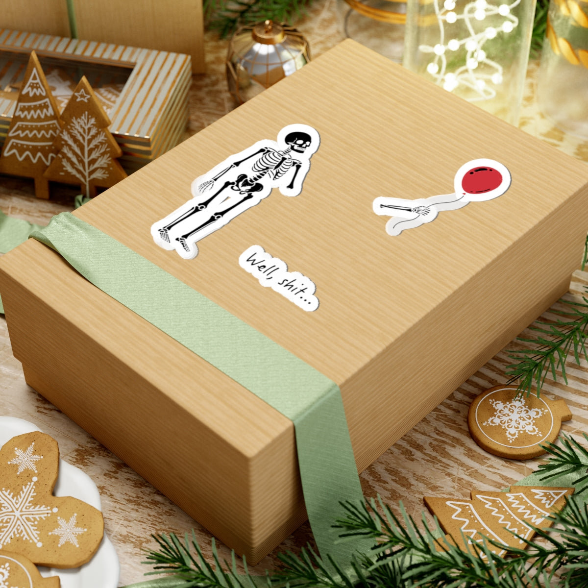 Skeleton + Red Balloon Sticker Set — Funny “Well, shit…” Kiss-Cut Vinyl Stickers
